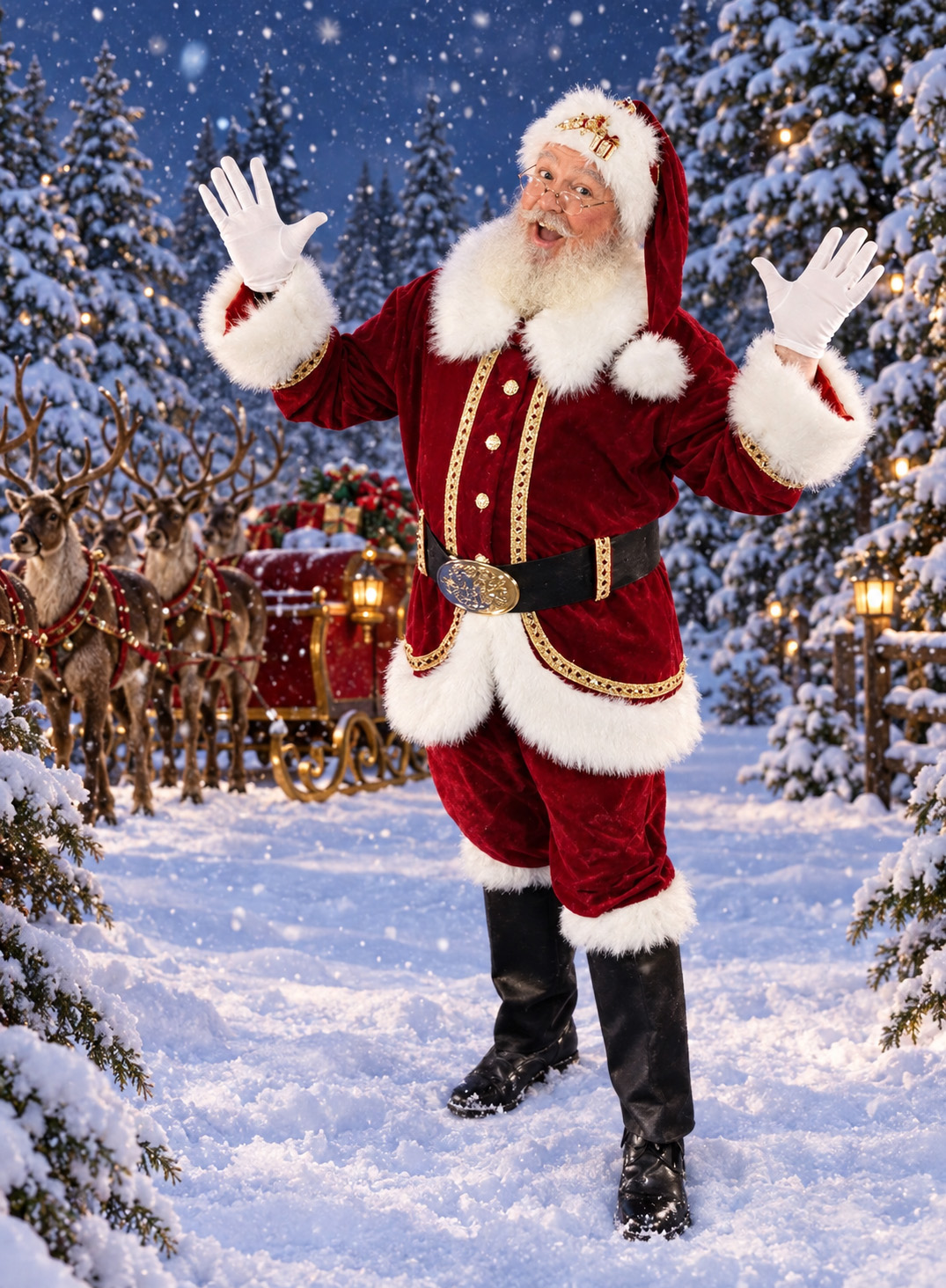 Santa standing in a snowy forest with sleigh and reindeer